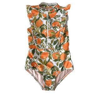 Mott 50 Bella Sleeveless Ruffle One Piece Swimsuit Girls 8 Orange Lemon Print